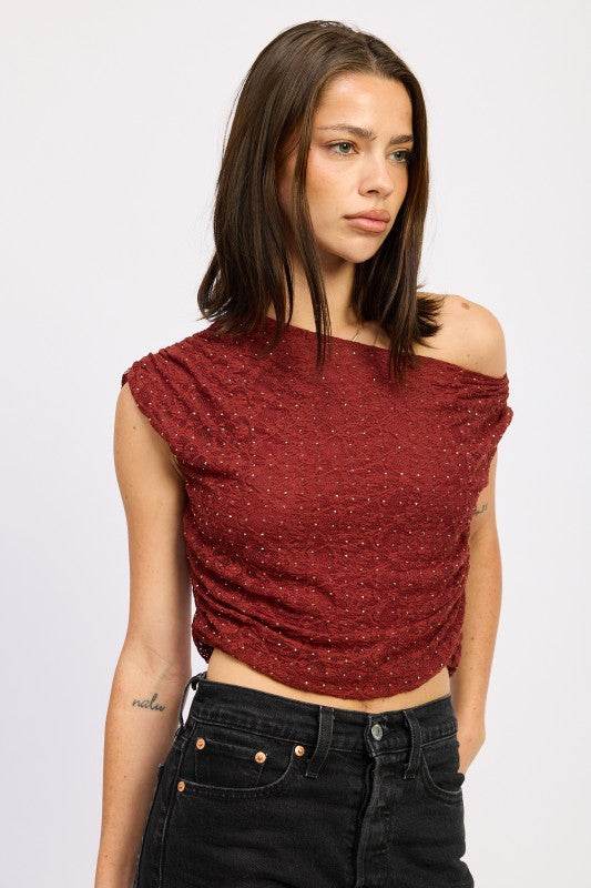 RUCHED ONE SHOULDER LACE TOP WITH RHINESTONES - Akana Style