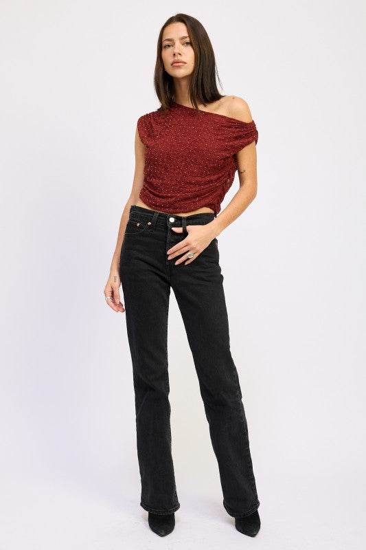 RUCHED ONE SHOULDER LACE TOP WITH RHINESTONES - Akana Style