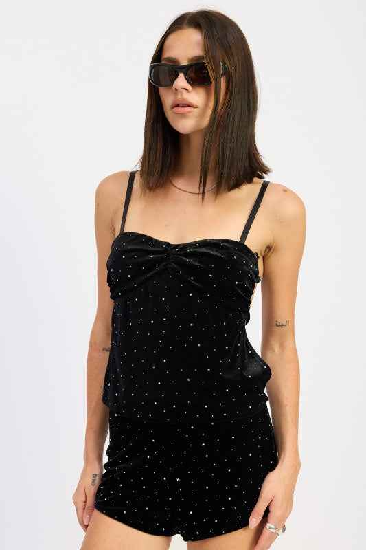 RUCHED VELVET TOP WITH RHINESTONES