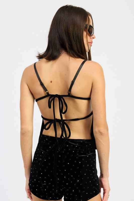 RUCHED VELVET TOP WITH RHINESTONES