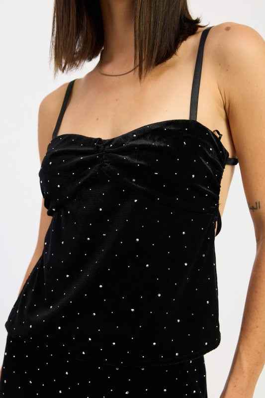 RUCHED VELVET TOP WITH RHINESTONES