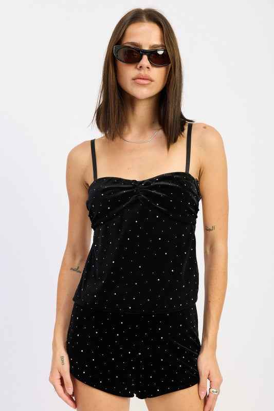 RUCHED VELVET TOP WITH RHINESTONES