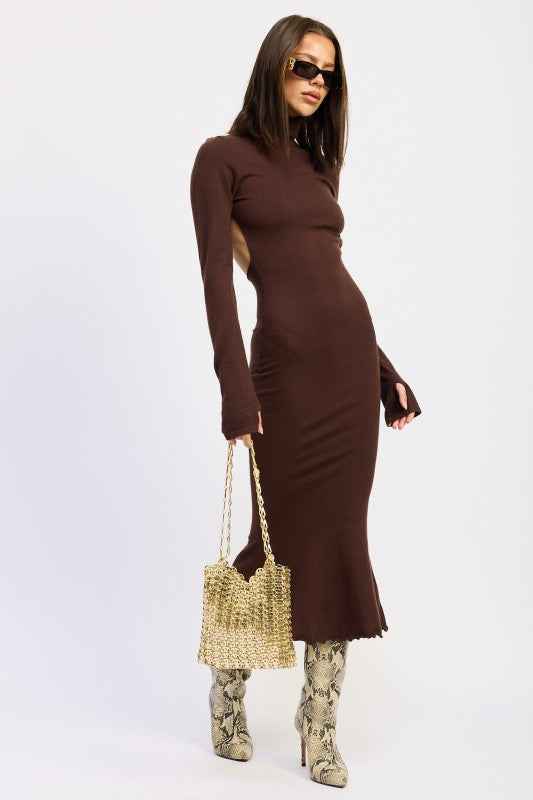 TURTLE NECK MIDI DRESS WITH BACK CUTOUT