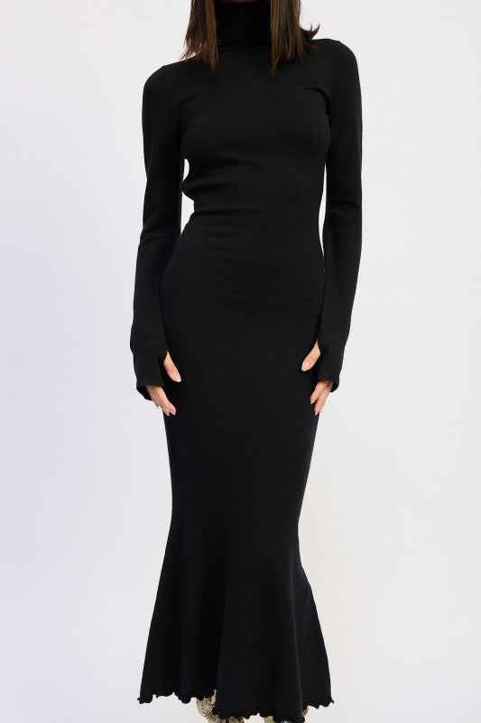 TURTLE NECK MIDI DRESS WITH BACK CUTOUT