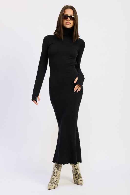 TURTLE NECK MIDI DRESS WITH BACK CUTOUT
