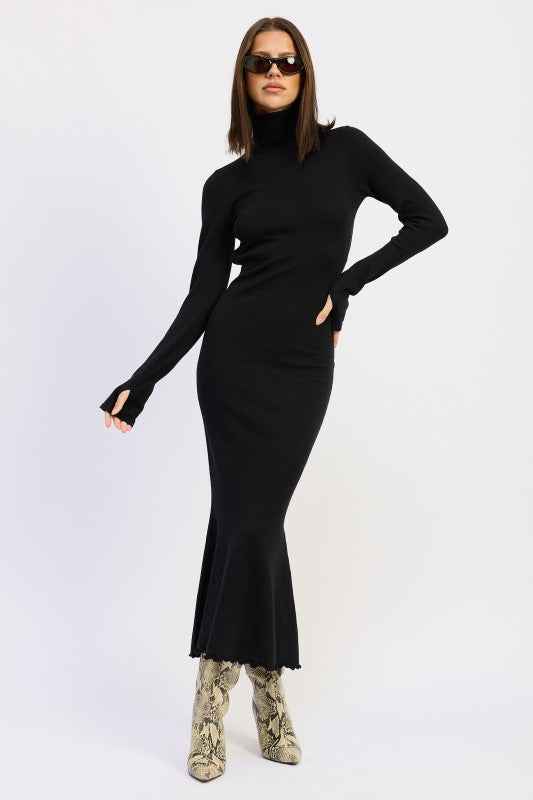 TURTLE NECK MIDI DRESS WITH BACK CUTOUT