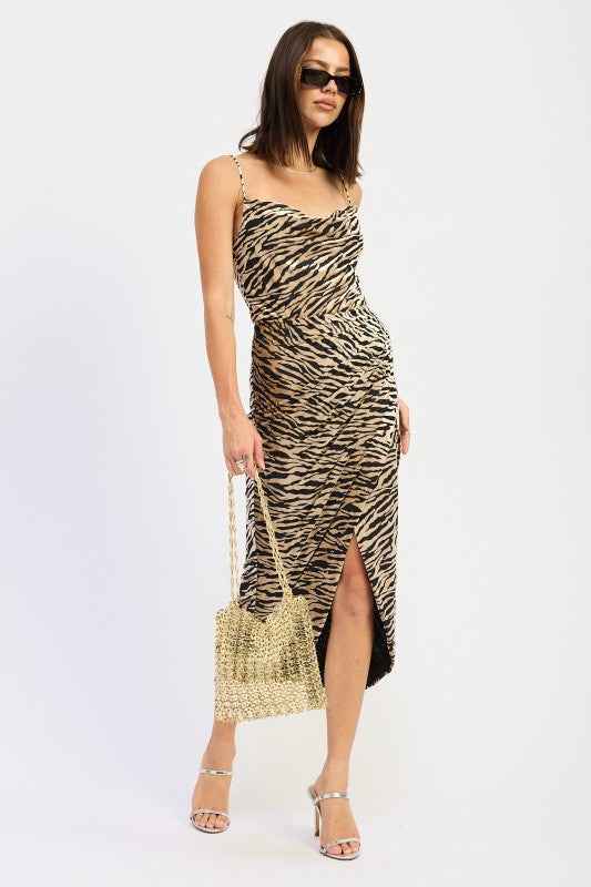 GATHERED MIDI DRESS WITH COWL NECK
