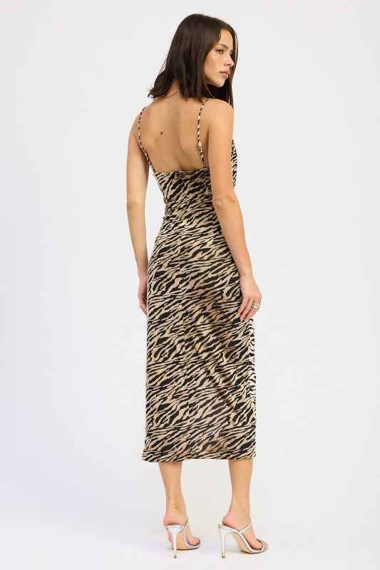 GATHERED MIDI DRESS WITH COWL NECK