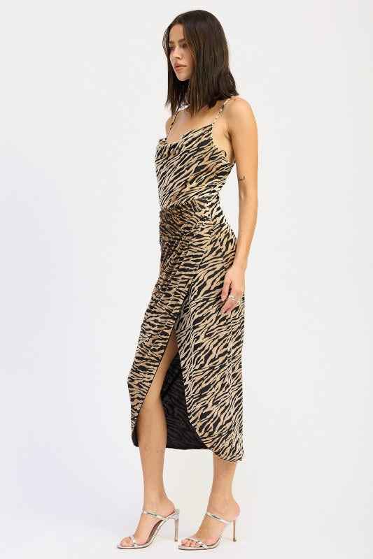 GATHERED MIDI DRESS WITH COWL NECK
