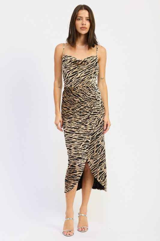 GATHERED MIDI DRESS WITH COWL NECK