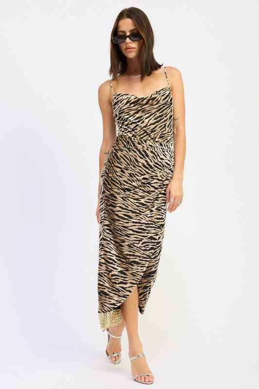 GATHERED MIDI DRESS WITH COWL NECK