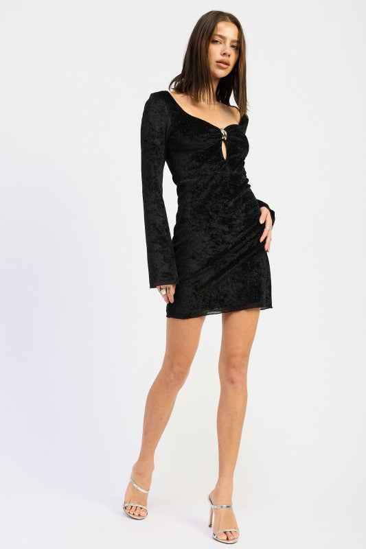 SWEET HEART NECKLINE LONG SLEEVE MINI DRESS