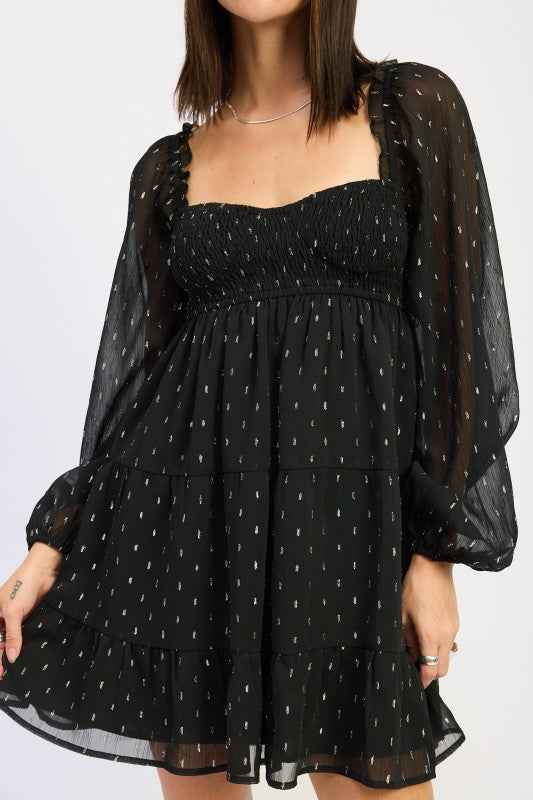 LONG SLEEVE SMOCKED BABY DOLL MINI DRESS