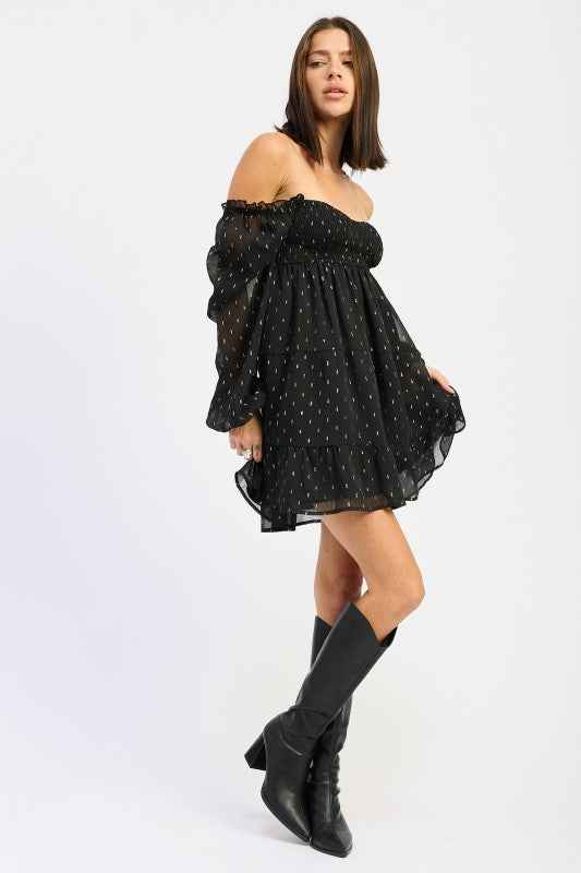 LONG SLEEVE SMOCKED BABY DOLL MINI DRESS