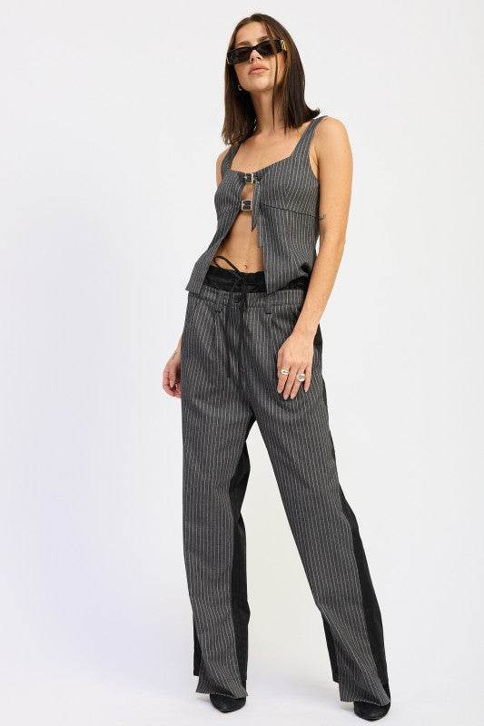Pinstripe Squared Neck Top with Buckle Detail for Chic Style - Akana Style