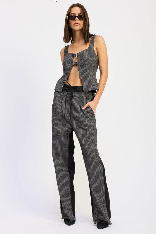 Pinstripe Squared Neck Top with Buckle Detail for Chic Style - Akana Style