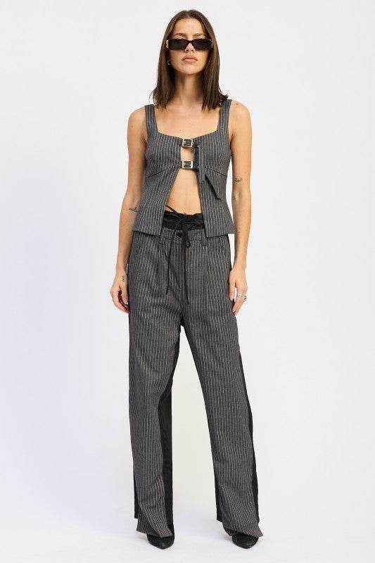 Pinstripe Squared Neck Top with Buckle Detail for Chic Style - Akana Style