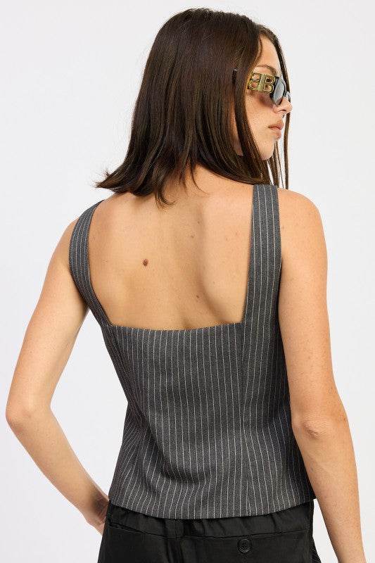 Pinstripe Squared Neck Top with Buckle Detail for Chic Style - Akana Style
