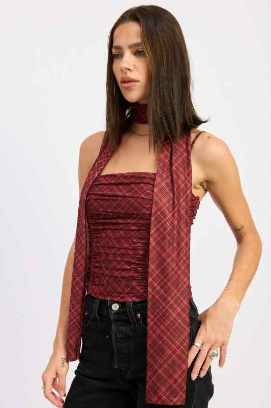 SPAGHETTI STRAP TOP WITH SCARF AND BACK ZIPPER