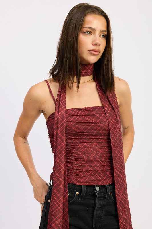 SPAGHETTI STRAP TOP WITH SCARF AND BACK ZIPPER