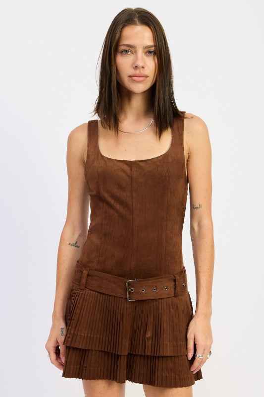 BELTED SUEDE PLEAT MINI DRESS