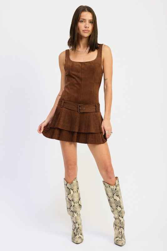 BELTED SUEDE PLEAT MINI DRESS