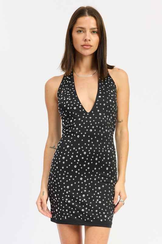 METALLIC HOTFIX HALTER MINI DRESS
