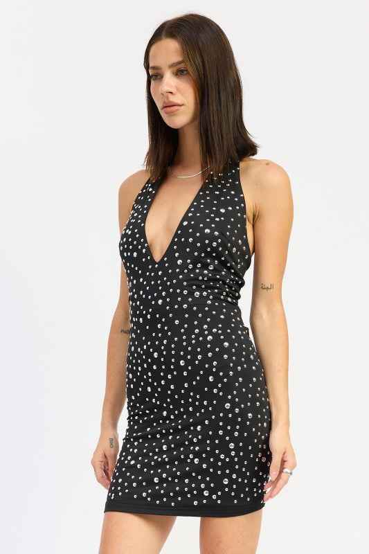 METALLIC HOTFIX HALTER MINI DRESS