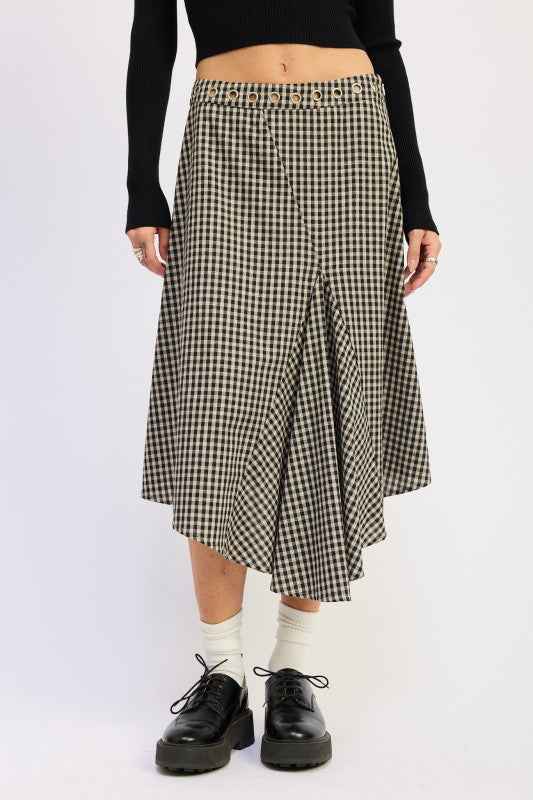 GINGHAM GROMMET ASYMMETRICAL SKIRT