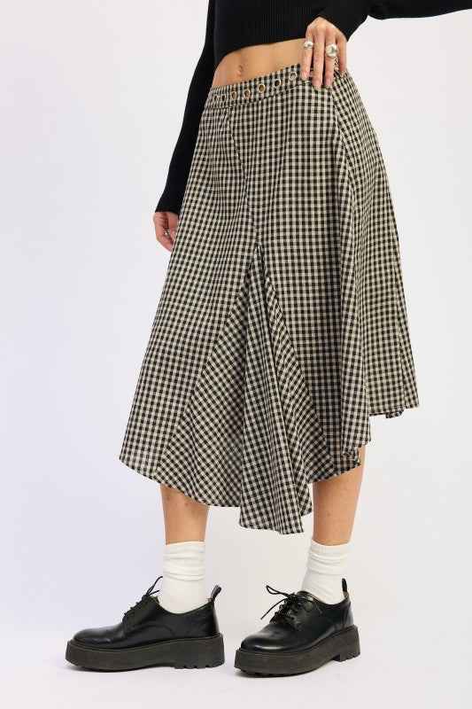 GINGHAM GROMMET ASYMMETRICAL SKIRT