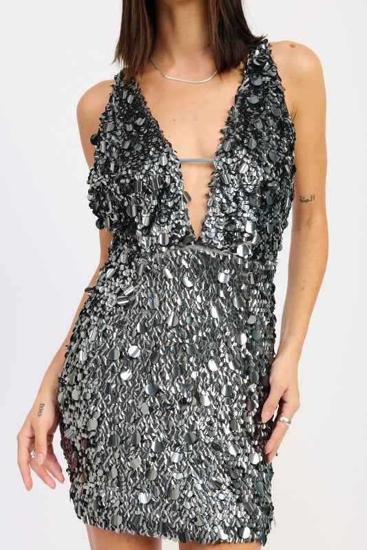 DEEP V PAILETTE MINI DRESS WITH OPEN BACK