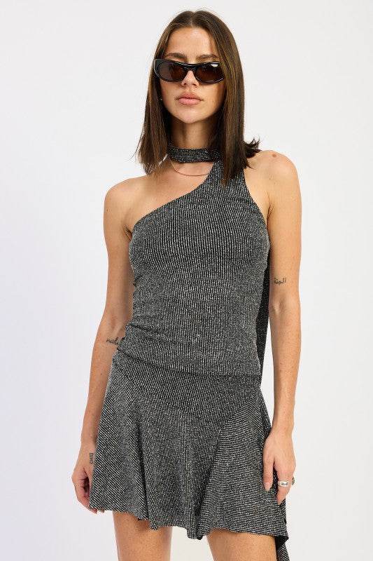 RIBBED ONE SHOULDER TOP WITH SCARF DETAIL - Akana Style