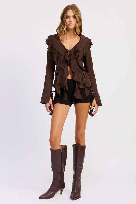 TIE FRONT RUFFLED TOP