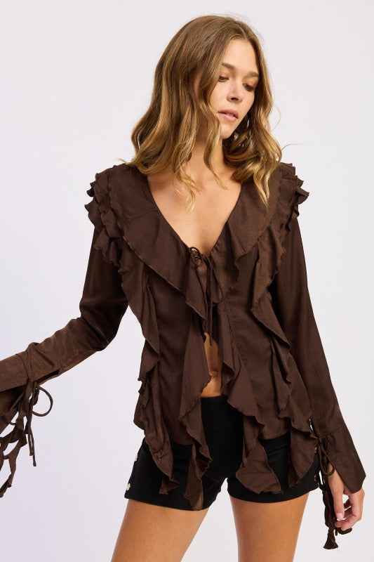 TIE FRONT RUFFLED TOP