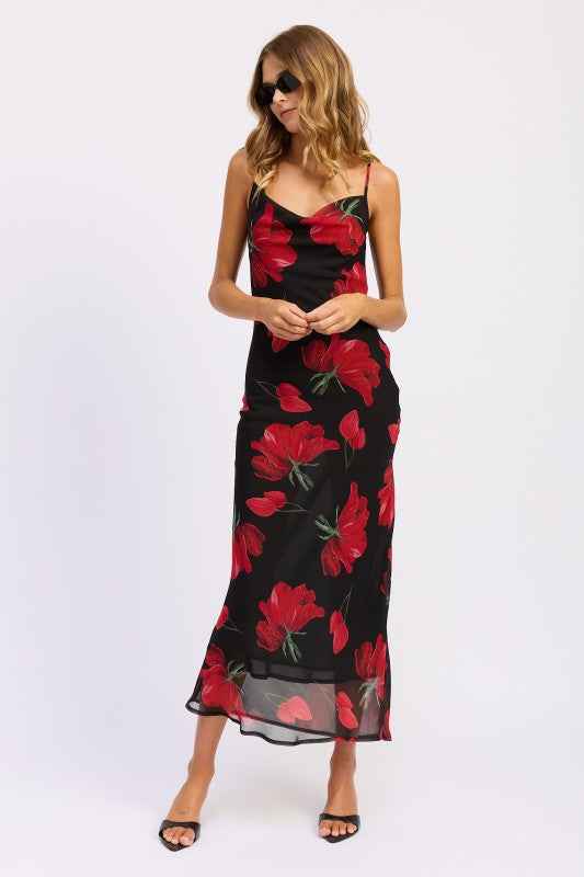 FLORAL PRINTED COWL NECK MAXI DRESS
