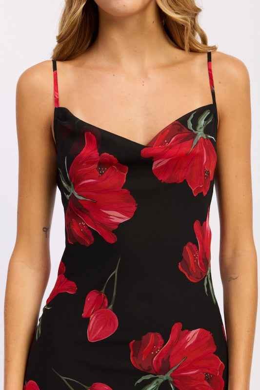 FLORAL PRINTED COWL NECK MAXI DRESS