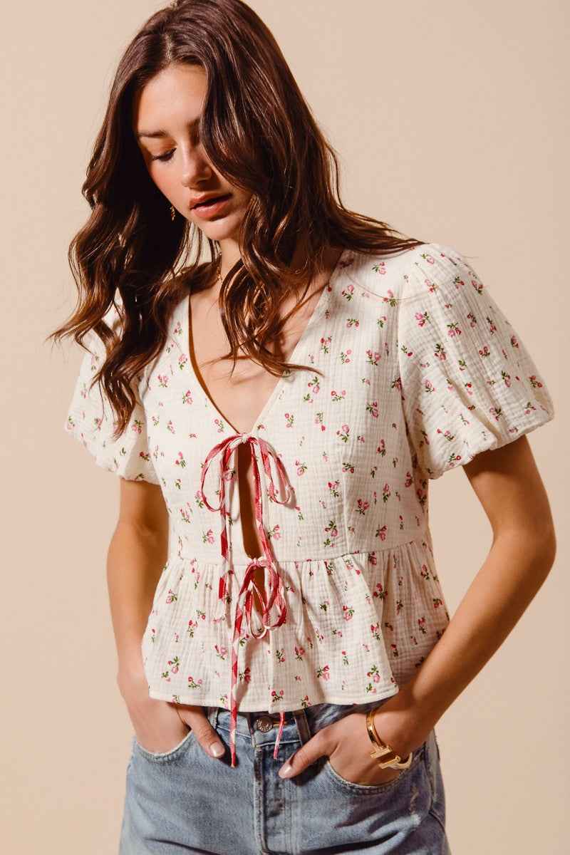 Ditsy Floral Print Gauze Tie-Front Blouse