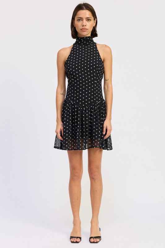SLEEVELESS HIGH NECK MINI DRESS WITH POLKA DOTS