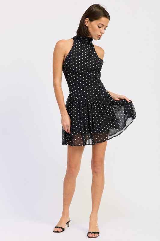 SLEEVELESS HIGH NECK MINI DRESS WITH POLKA DOTS