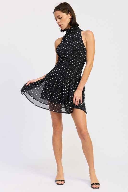 SLEEVELESS HIGH NECK MINI DRESS WITH POLKA DOTS