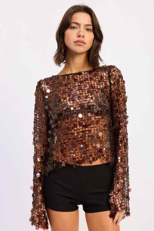 LONG SLEEVE SEQUIN MESH TOP