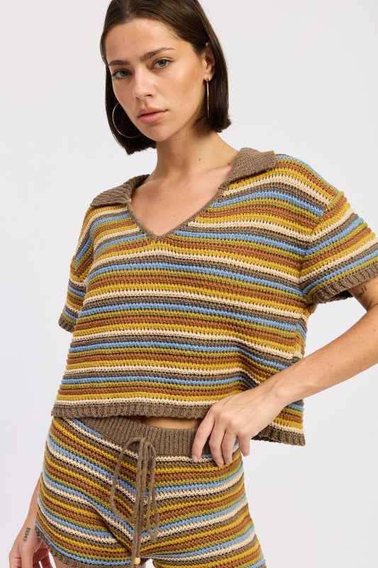 STRIPED CROCHET KNITTED COLLARED TOP