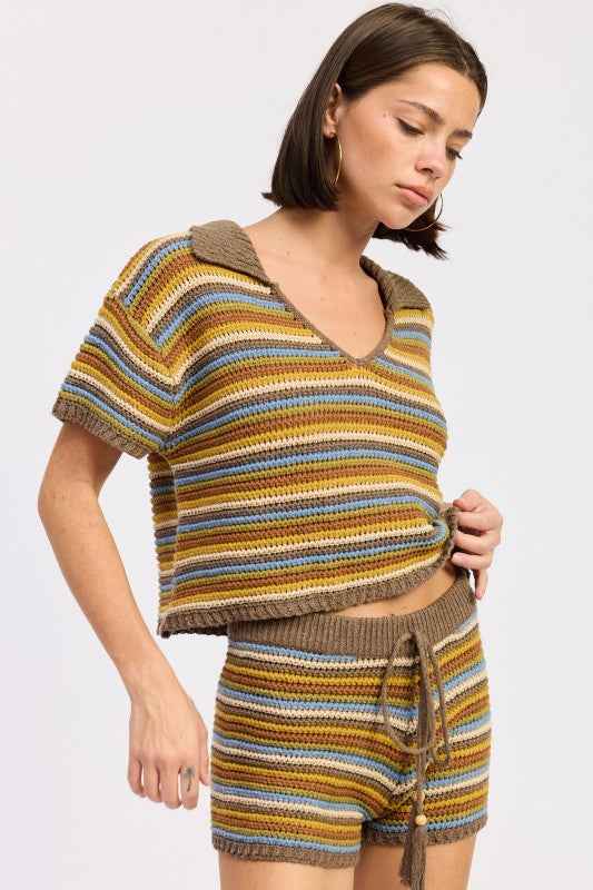 STRIPED CROCHET KNITTED COLLARED TOP
