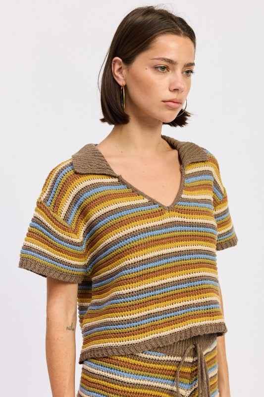 STRIPED CROCHET KNITTED COLLARED TOP