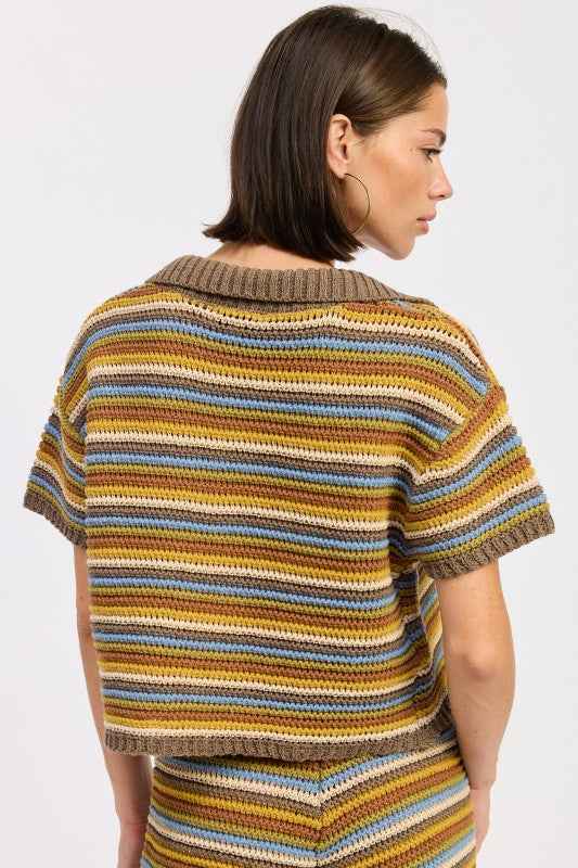 STRIPED CROCHET KNITTED COLLARED TOP