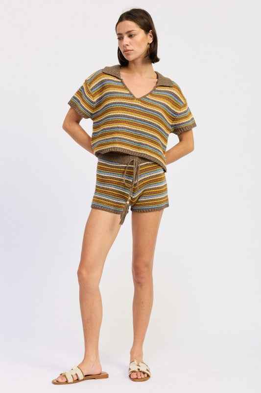 STRIPED CROCHET KNITTED COLLARED TOP