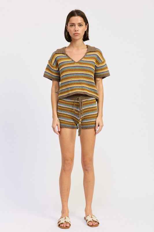 STRIPED CROCHET KNITTED COLLARED TOP