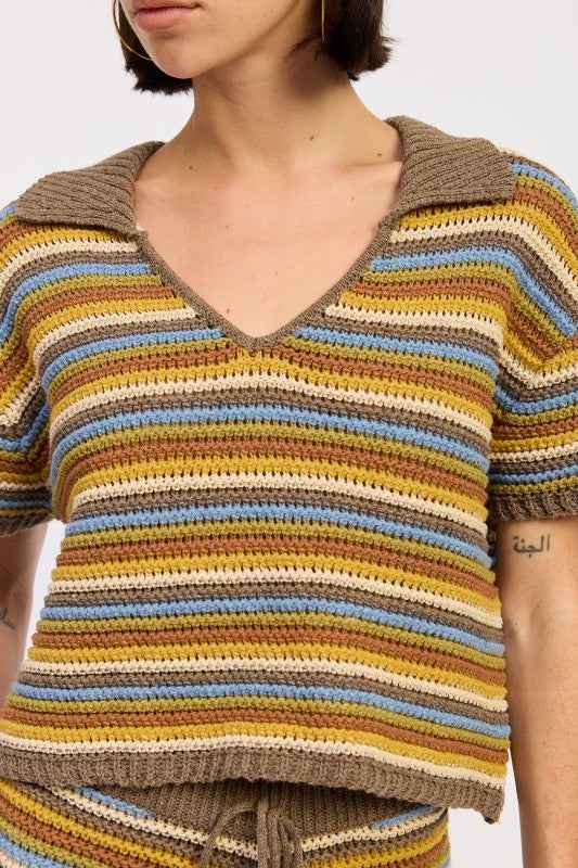 STRIPED CROCHET KNITTED COLLARED TOP