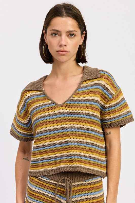 STRIPED CROCHET KNITTED COLLARED TOP