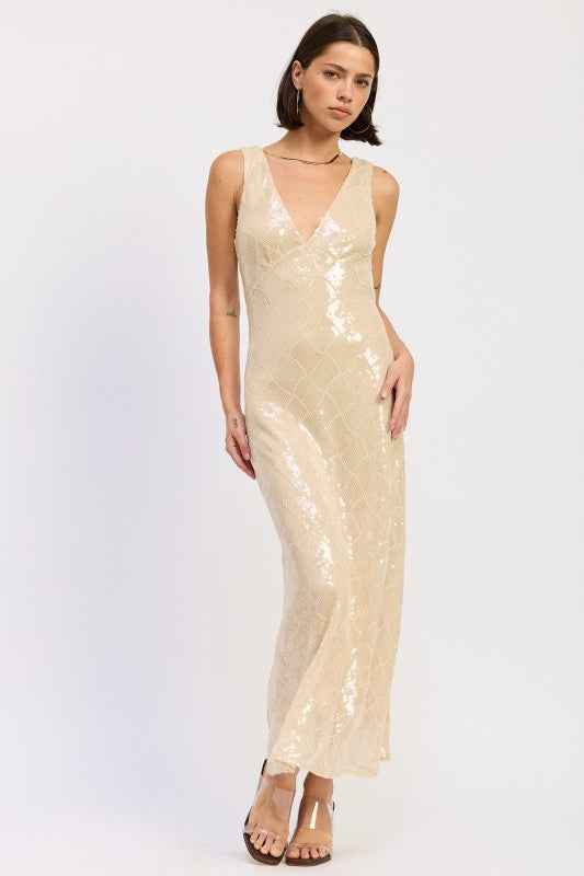 EMBELLISHED MIDI SEQUIN DRESS WITH OPEN SCOOP BACK